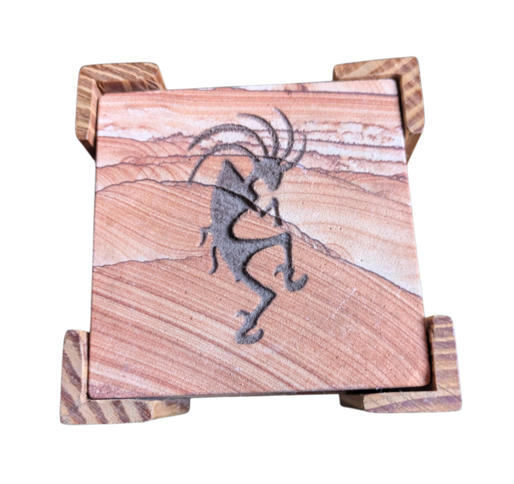Kokopelli Sandstone Coaster Set with Wood Holder Southwest Rustic